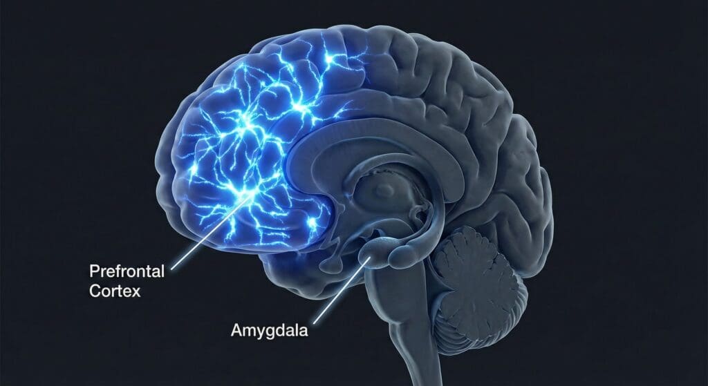 Medical infographic showing what EQ leadership looks like in the brain with a glowing prefrontal cortex and muted amygdala.