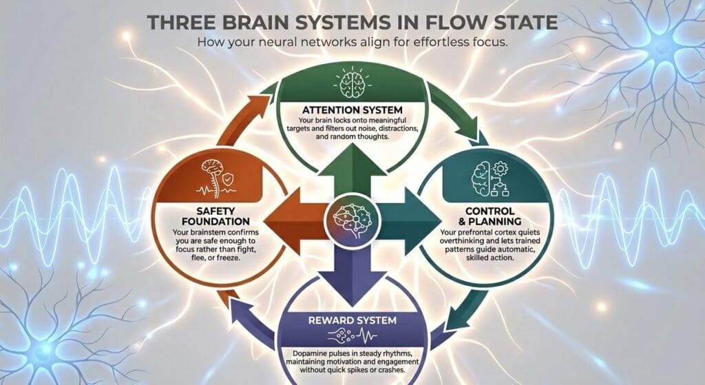 Neural network diagram showing three brain systems in flow state: attention system, safety foundation, control and planning and reward systems working in synchronization.