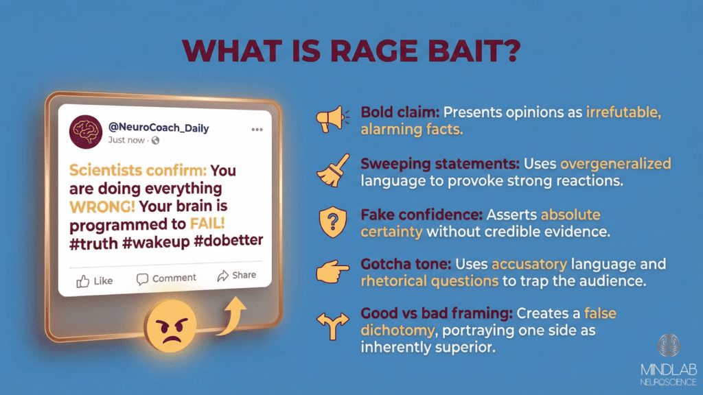 Infographic explaining what Rage Bait is, showing a fake social media post and icons breaking down the core tactics used to provoke anger, outrage, and engagement.