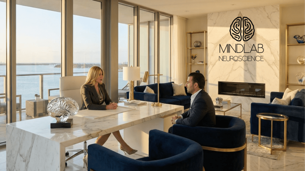 Anxious brain coaching session in a luxury MindLAB Neuroscience office, with Dr. Sydney Ceruto meeting a client one-on-one beside a sculpted brain model and ocean view.