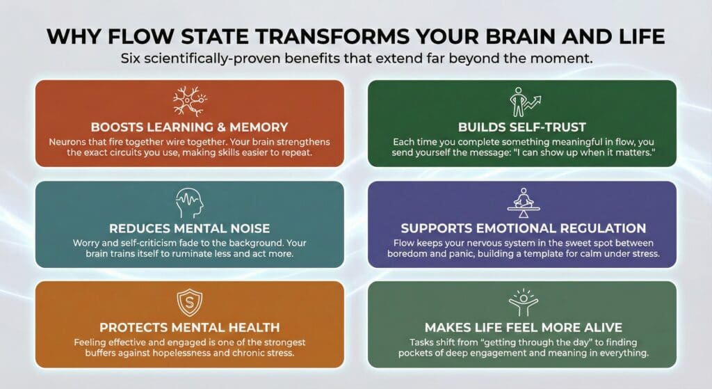 Six colorful boxes illustrating flow state benefits including learning, self-trust, mental noise reduction, emotional regulation, mental health protection, and life engagement.