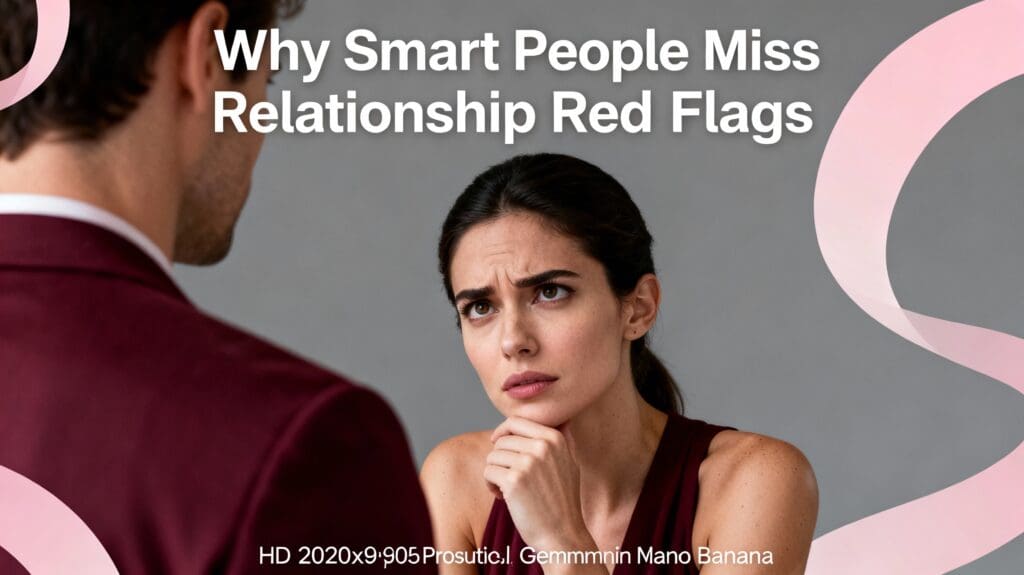 Intelligent woman rationalizing relationship red flags with thoughtful expression while nervous system signals tension underneath