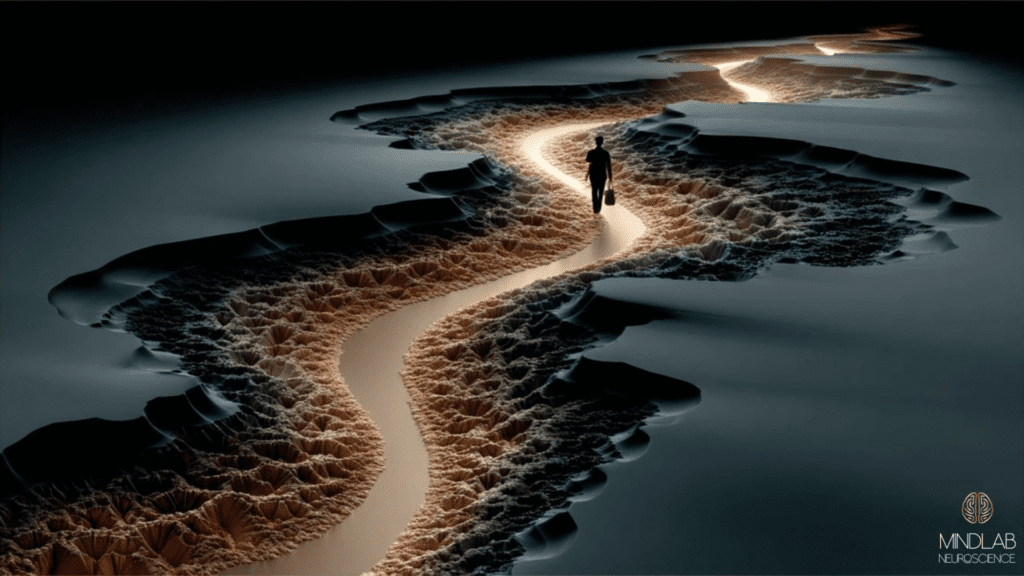 Person walking illuminated neural pathway demonstrating real-time neuroplasticity as the differentiator