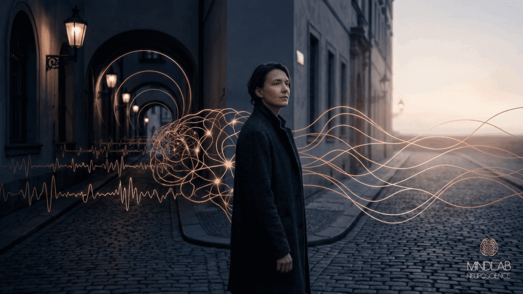 A person walking through a dim alley with copper neural waves swirling around them, symbolizing why your brain rejects change through the neuroscience of fear.