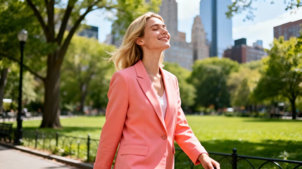 Young professional blonde woman in coral blazer taking outdoor walk without phone, smiling peacefully, urban park setting