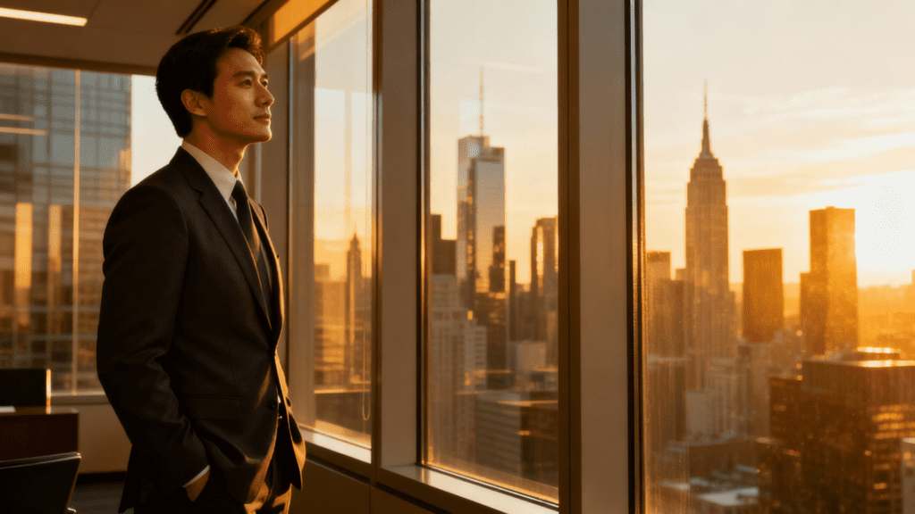 Young professional man in dark suit gazing at city skyline at golden hour, contemplating career path and professional future