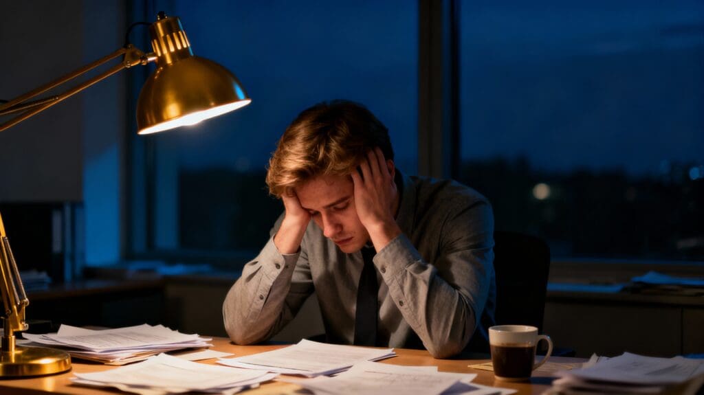 Young professional man at desk late evening, head in hands, burnout, exhaustion, empty coffee cup, dark office