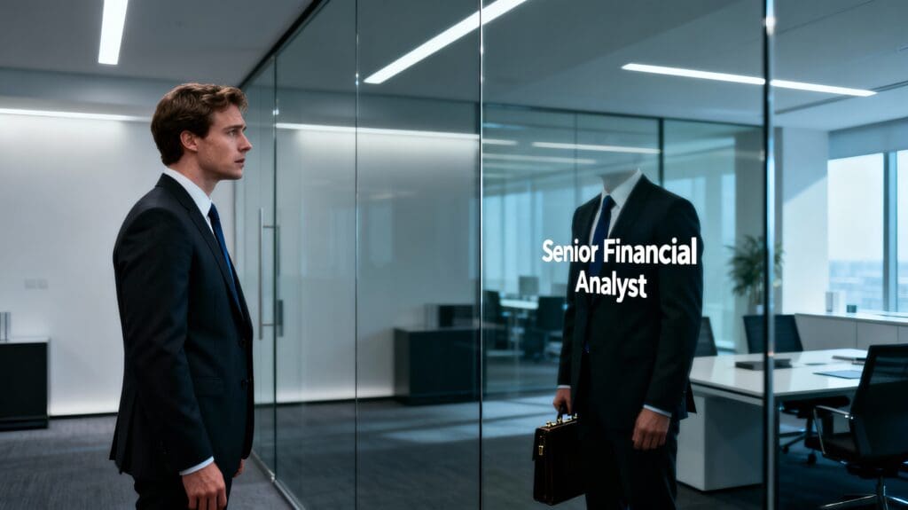 White male professional looking at mirror reflection showing only job title instead of face, identity fusion with work