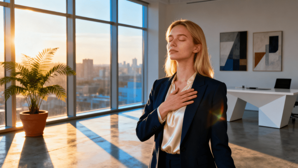 Young blonde professional woman by window practicing mindful breathing, eyes closed, hand on chest, golden hour sunlight