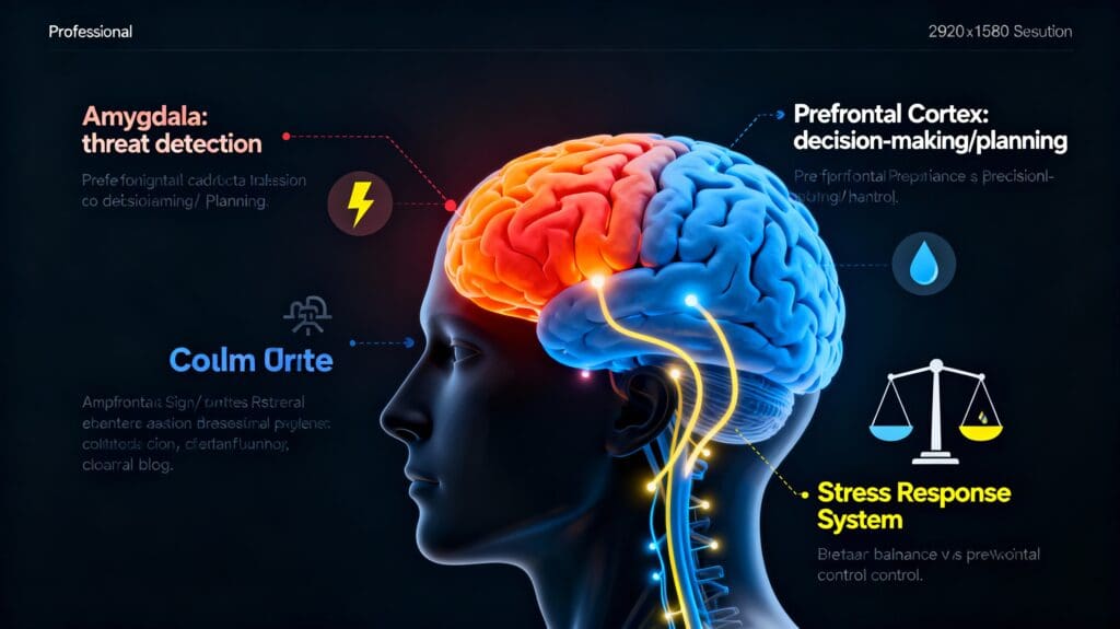 Infographic of human brain showing amygdala, prefrontal cortex, stress response system labeled and highlighted with neural pathways.