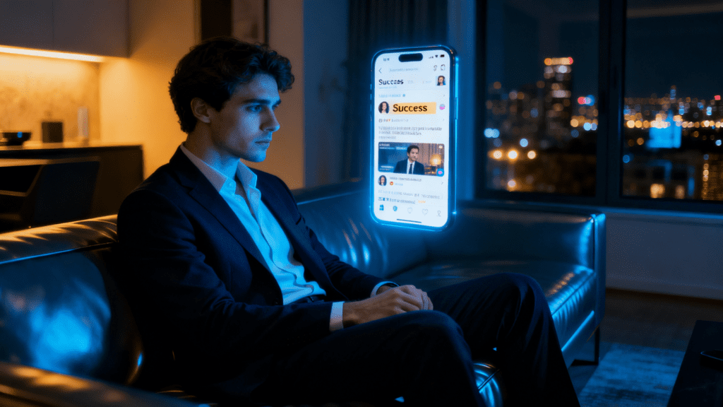 Young professional man in business suit scrolling success posts on glowing phone, neon lighting, comparison anxiety