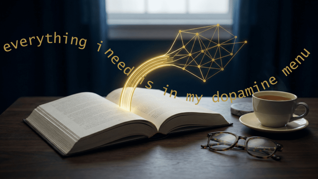 Open book with coffee and glasses showing golden neural network text reading "everything I need is in my dopamine menu" representing neuroscience-based reward design.
