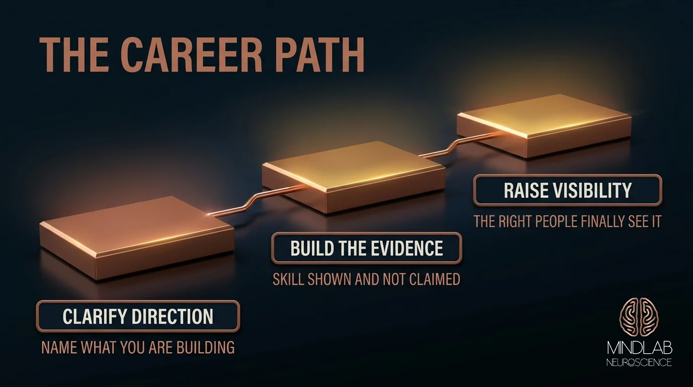 Infographic explaining how neural pathways, threat systems, and reward systems shape career decision-making and next-level career development.
