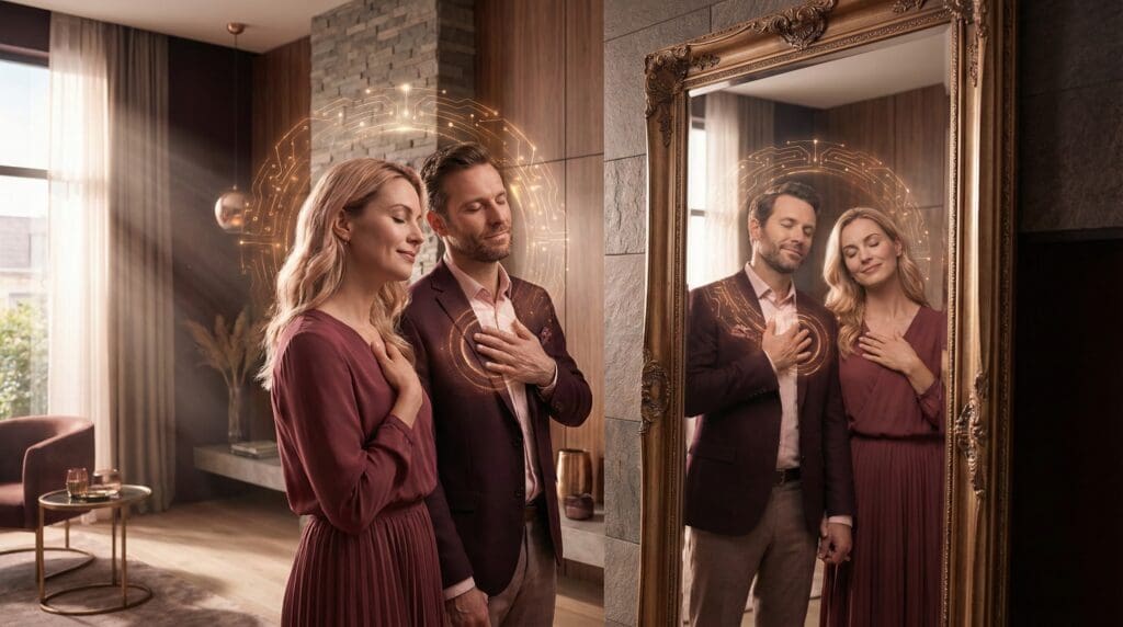 Couple in mirror with hands on heart, beginning self-compassion, evolutionary neuroscience of self-hatred.