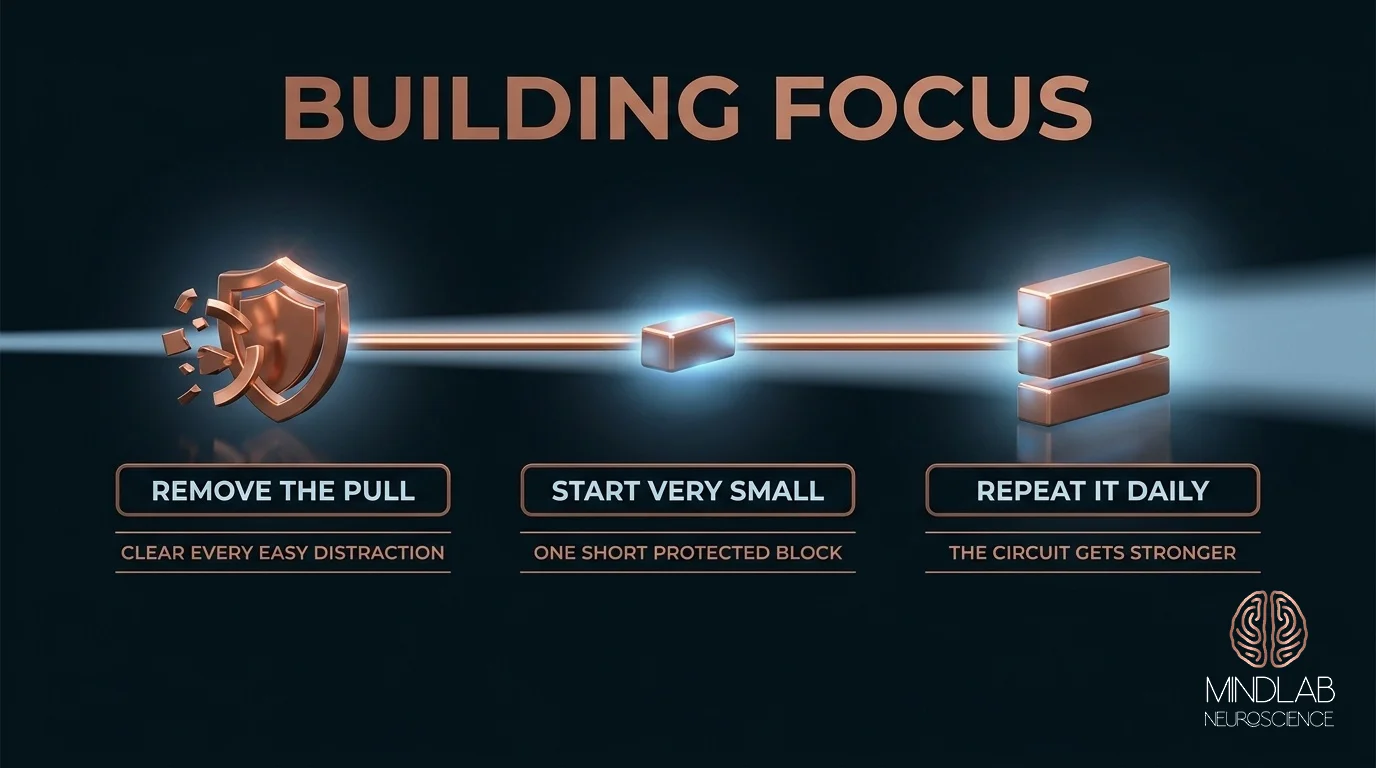 This is a circular 30-day infographic that shows weekly progression from noticing attention patterns through building focus identification.