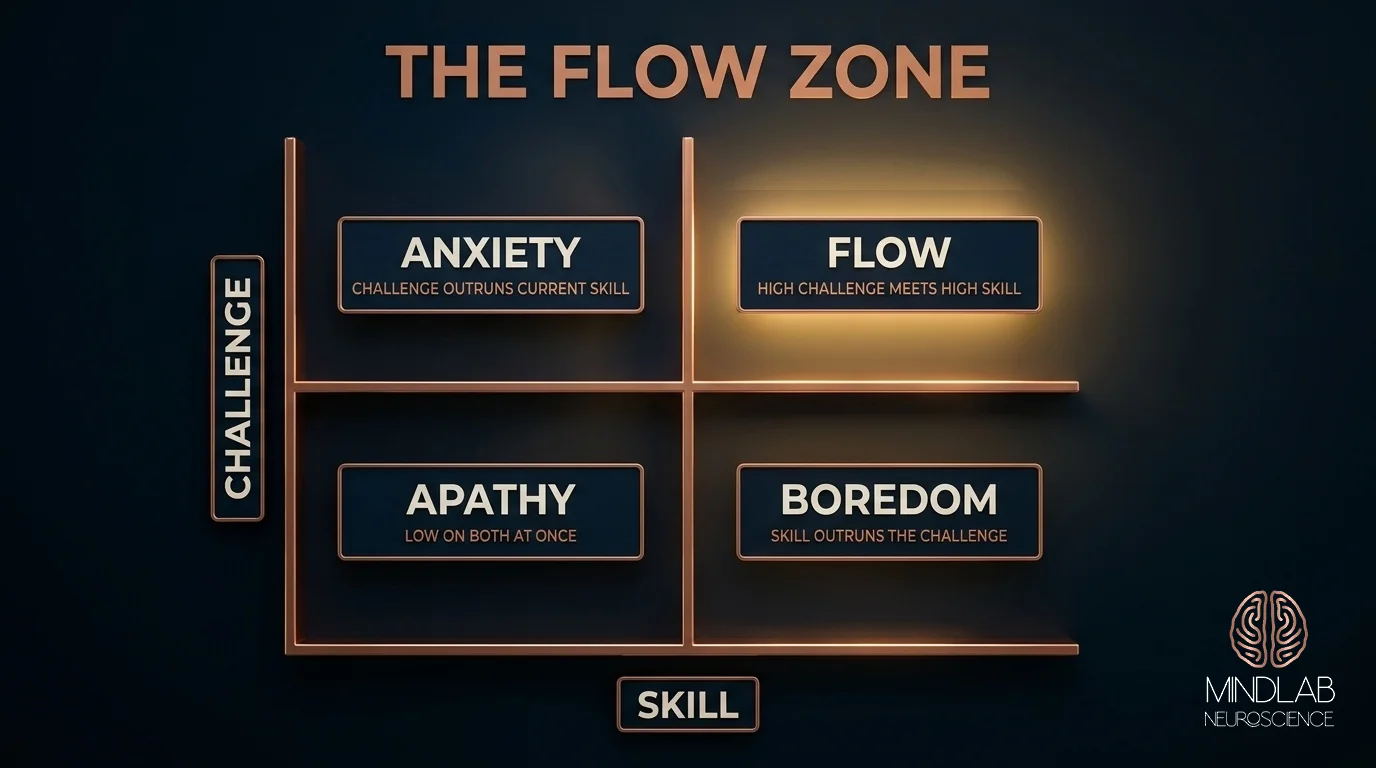Five colorful myth-busting cards debunking common flow state misconceptions, showing that action triggers flow, short sessions work, and flow requires brain engagement, not just job titles.