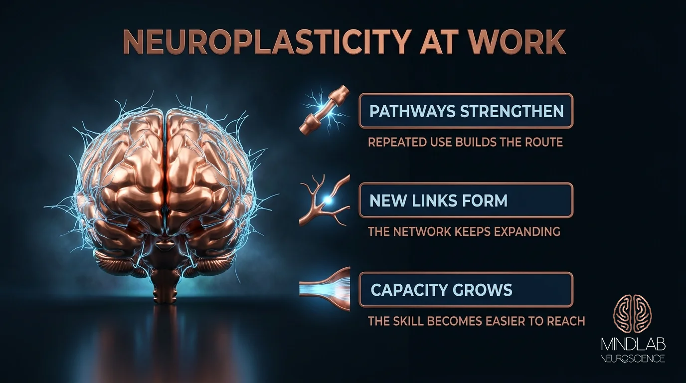 Professional woman presenting cognitive enhancement neuroplasticity framework with attention, processing, memory, and decision-making brain optimization diagrams.