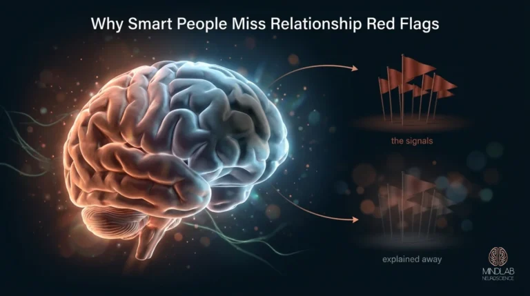 Copper-and-blue dimensional brain with connected vignettes and muted rust warning flags on navy, MindLAB red-flags banner