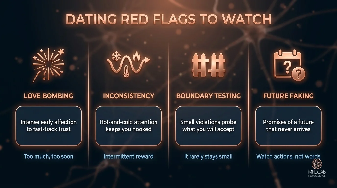 Dating red flags diagram showing love bombing, inconsistency, boundary testing and future faking patterns