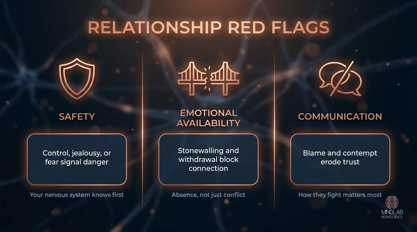Relationship red flags diagram covering safety, emotional availability and communication warning signs