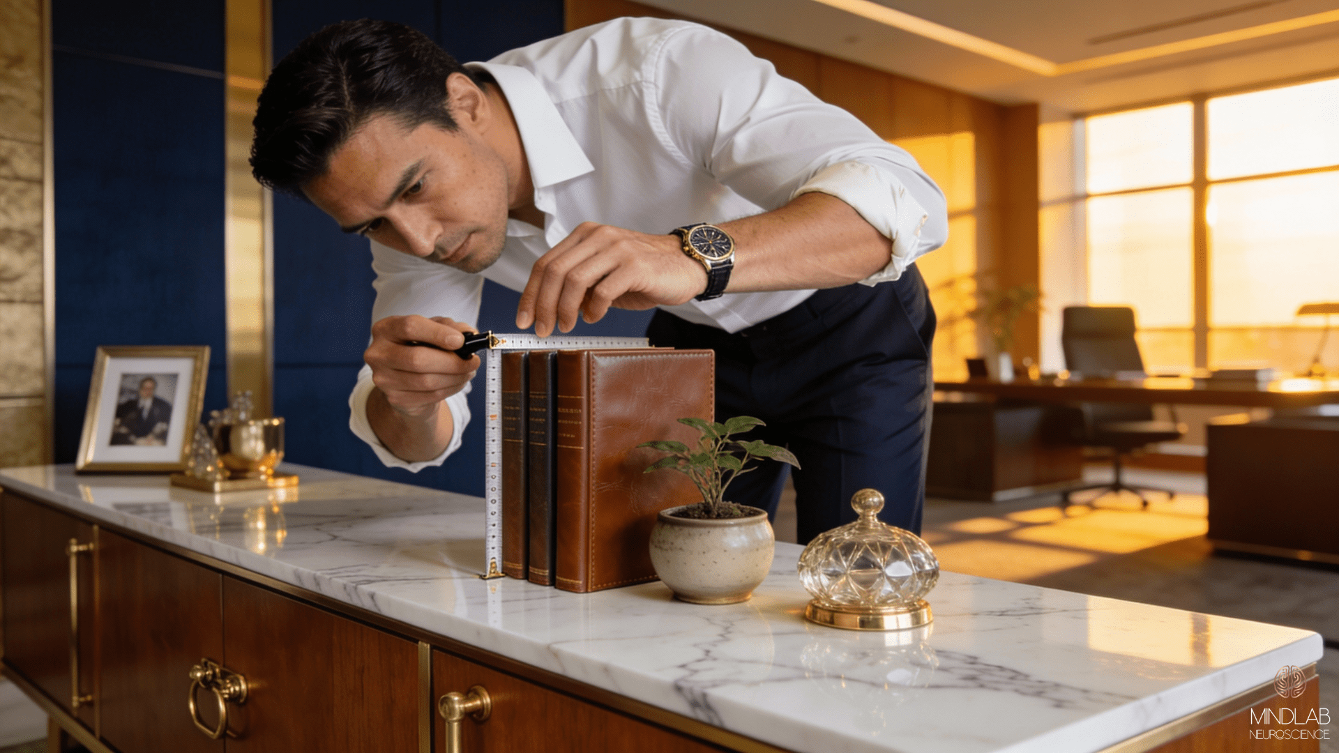 Executive measuring spacing between luxury desk items with precision ruler, demonstrating compulsive perfectionism behavior in high-performance professional.