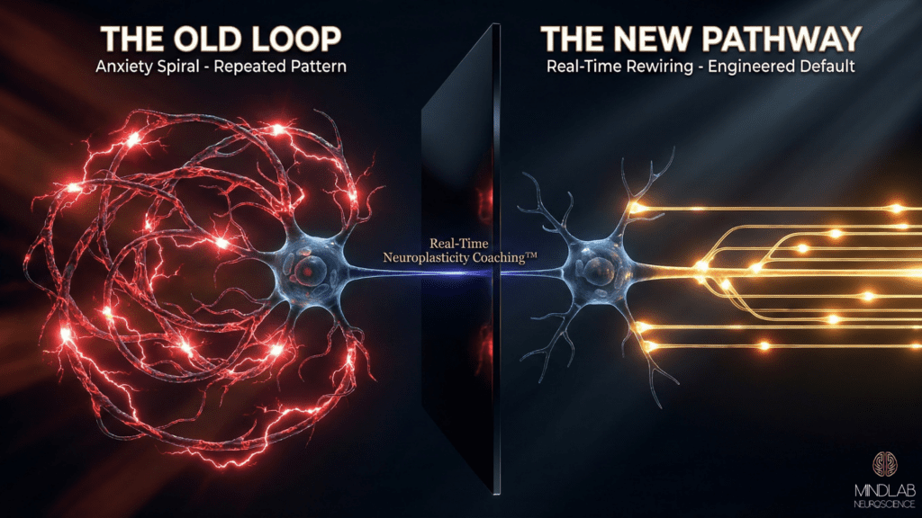 Split-screen neural pathway visualization comparing tangled red anxiety spiral to streamlined golden engineered pathway, illustrating remote neuroscience coaching brain rewiring method.