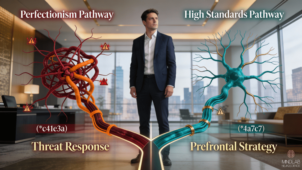 Professional man at diverging neural pathways—tangled red threat-response network left versus organized teal prefrontal strategy pathways right, illustrating the brain basis of perfectionism versus high standards.