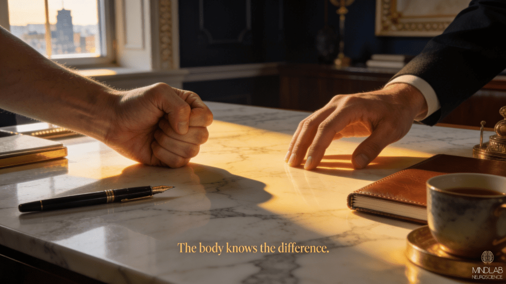 Close-up of two hands on marble desk contrasting perfectionism versus high standards—left hand clenched in tension, right hand relaxed yet purposeful, illustrating nervous system distinction in perfectionism versus high standards behavior.