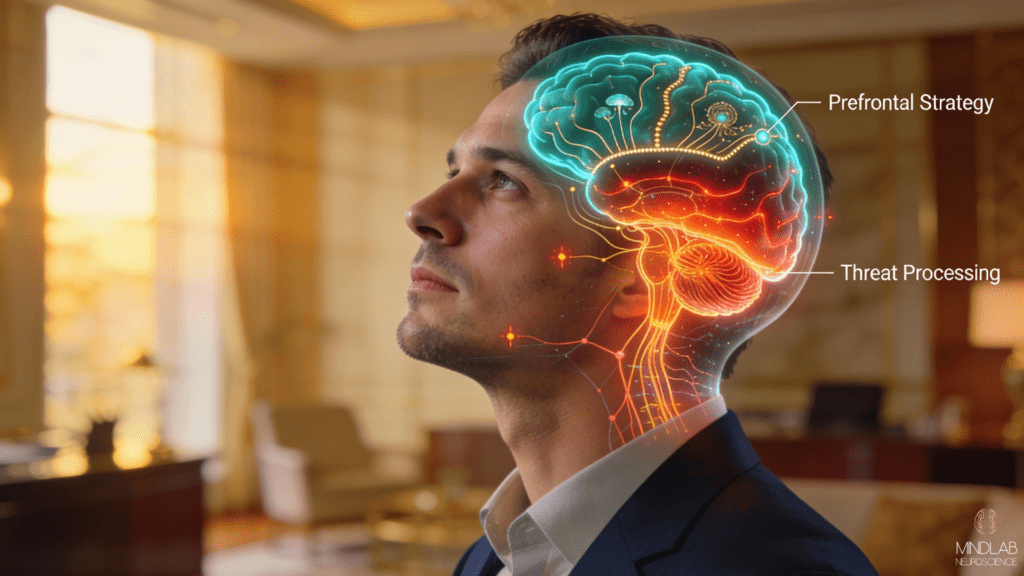 Man in profile with transparent brain overlay showing teal prefrontal cortex pathways versus glowing red-orange threat processing networks, illustrating neural basis of perfectionism.