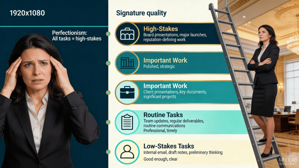 Perfectionism versus high standards infographic showing calibration ladder with task hierarchy from low-stakes internal email to signature quality board presentations, contrasting perfectionism's flattening of all tasks versus high standards' contextual flexibility in perfectionism versus high standards work.