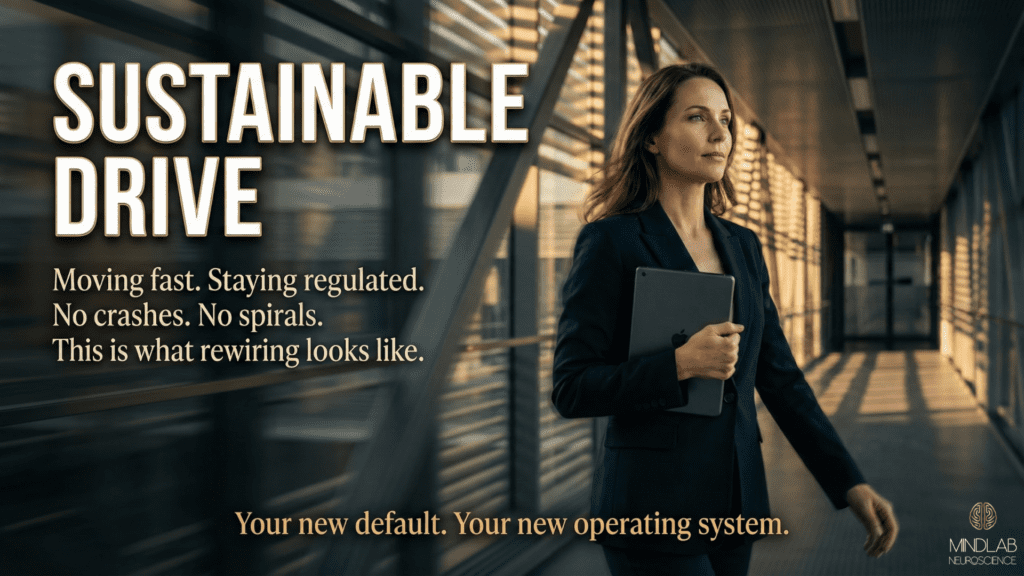 Woman walking fast through modern hallway with motion blur body but sharp, calm face, representing sustainable high performance achieved through remote neuroscience coaching.