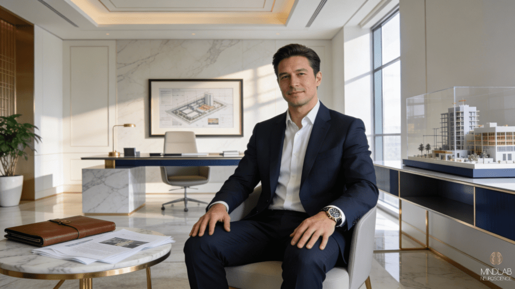 Professional man in luxury minimalist office observing completed work outputs positioned separately in space, demonstrating practice mode where perfectionism versus high standards is distinguished by whether work is attached to identity or remains separate object.