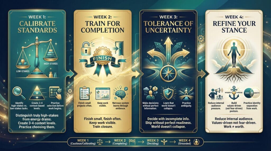 Four-week perfectionism versus high standards transformation plan displayed as luxury tarot-style cards: week one calibrating task stakes, week two training completion closure, week three building uncertainty tolerance, week four refining identity-values stance instead of fear-driven perfectionism.