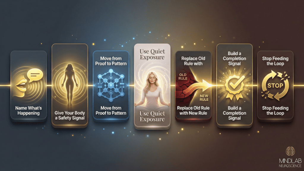 Seven-step protocol infographic displaying the Quiet Proof practice: name what's happening, give your body a safety signal, move from proof to pattern, use quiet exposure, replace old rule with new rule, build a completion signal, and stop feeding the loop.