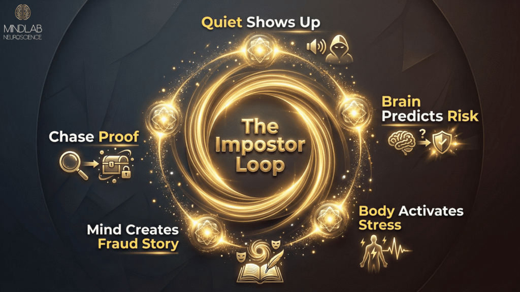 Circular neuroscience diagram showing the five-stage impostor feelings loop: quiet triggers brain risk prediction, activating stress response, creating fraud narratives, and driving compulsive achievement-seeking behavior.