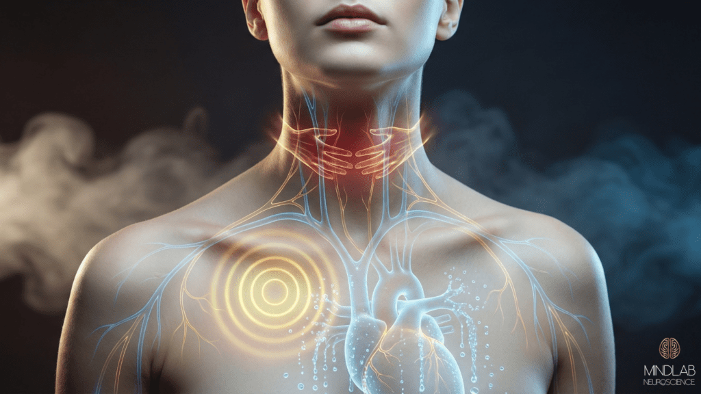 Illustration of a woman with impostor feelings showing nervous system activation with glowing throat tension, radiating chest pressure, and stomach sensations demonstrating where impostor syndrome manifests somatically in the body.