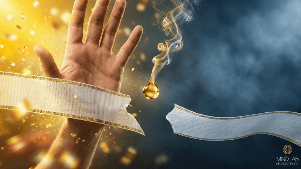 Hand crossing a finish line ribbon surrounded by golden light and particles, with a single glowing drop suspended in mid-air representing the dopamine drop that occurs after achieving a goal.