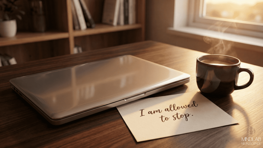 Sunlit workspace with a closed laptop, warm coffee mug, and handwritten note reading "I am allowed to stop" on a wooden desk, symbolizing earned rest and permission to cease proving oneself.
