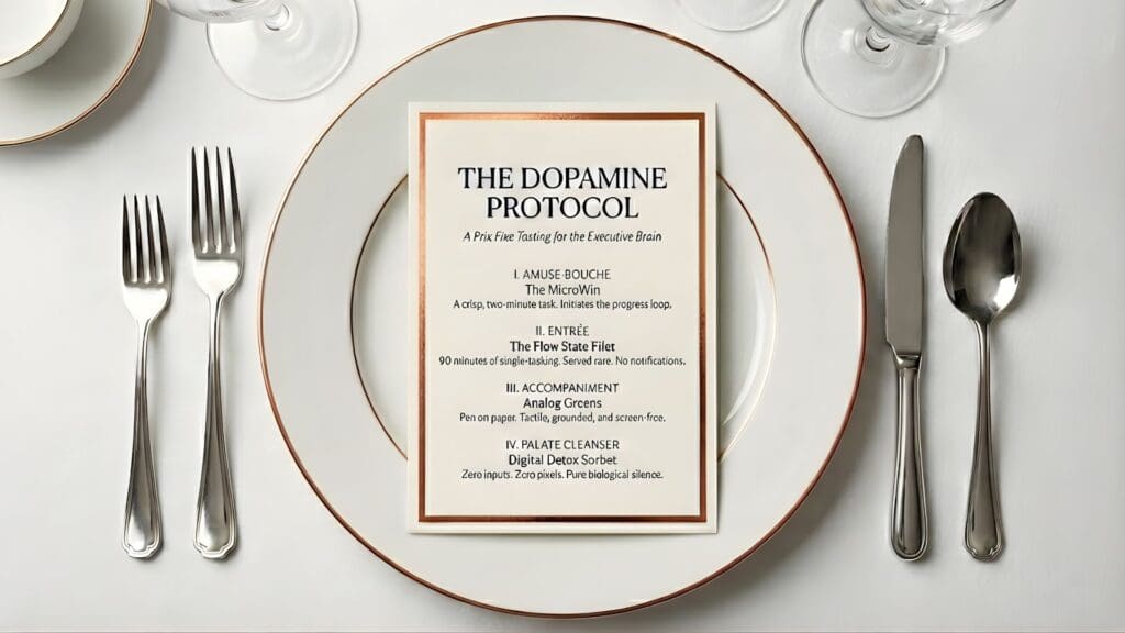 Top-down view of a sophisticated "Dopamine Menu" card titled "The Dopamine Protocol" resting on a copper-rimmed fine china plate, listing productivity tasks as gourmet courses.