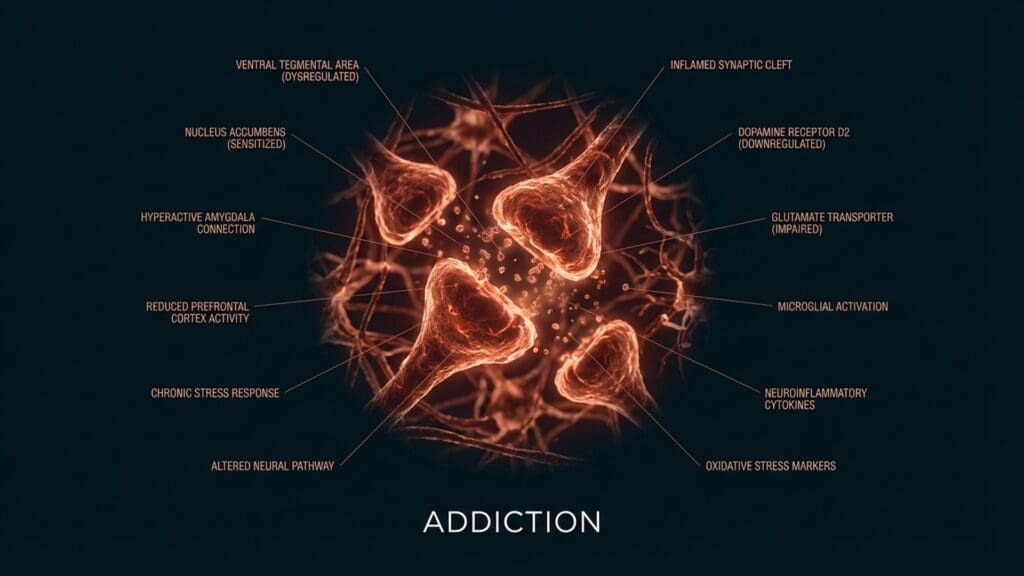 Neuroimaging representation of Addiction affecting the basal ganglia and prefrontal cortex.