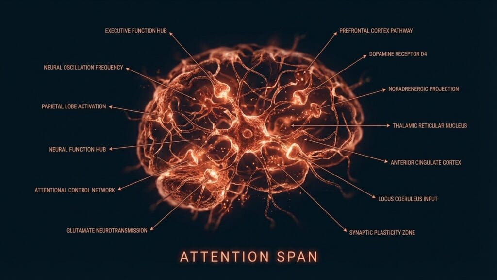 Illustration of prefrontal cortex activity and dopamine pathways during sustained focus.