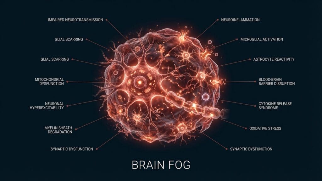 Biological visualization of neural inflammation and synaptic signaling disruptions related to brain fog.