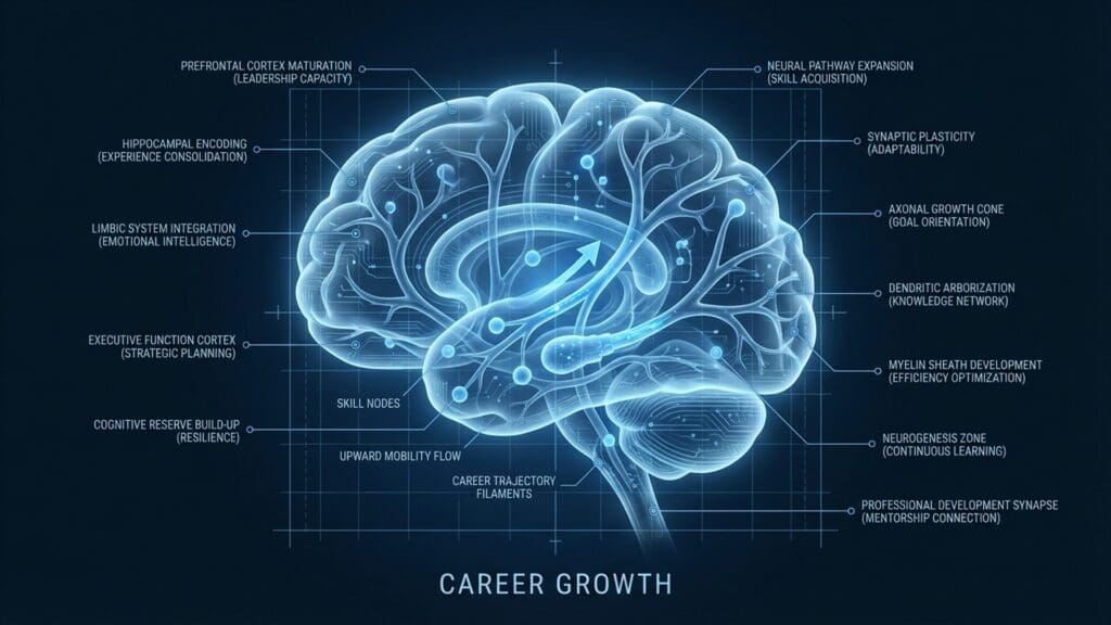 Diagram of Career Growth visualizing neural pathways and biological function related to neuroplasticity and skill acquisition.