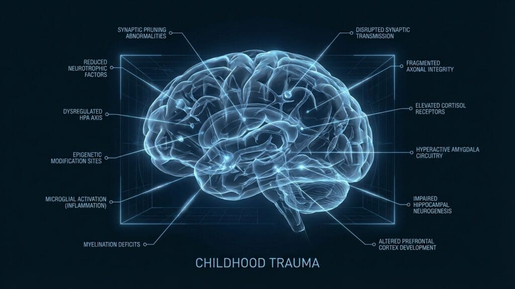 Diagram of Childhood Trauma visualizing neural pathways and amygdala hypertrophy.