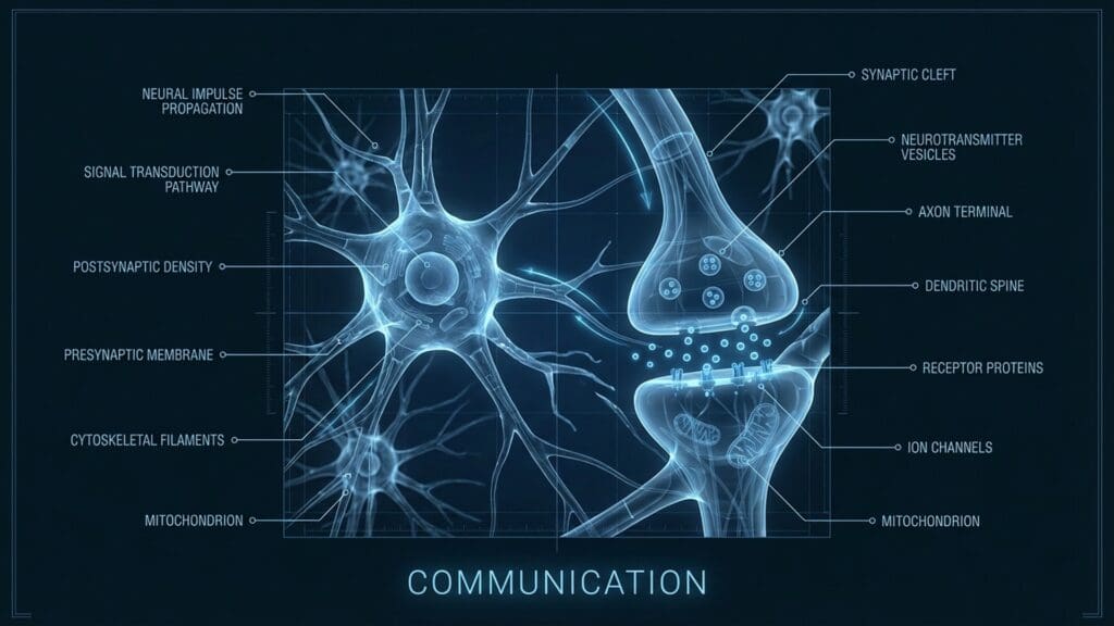 Diagram of Communication visualizing neural pathways and Broca's area function.