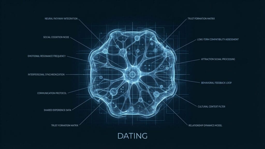 Diagram of Dating visualizing neural pathways and oxytocin receptor activity.