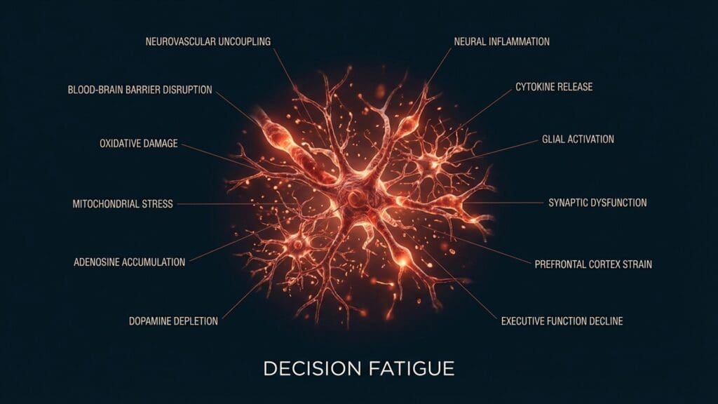 Illustration showing glucose depletion in the prefrontal cortex associated with decision fatigue.