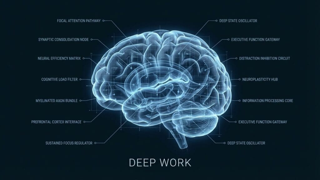 Diagram of Deep Work visualizing neural pathways and biological function supporting sustained attention and cognitive load.