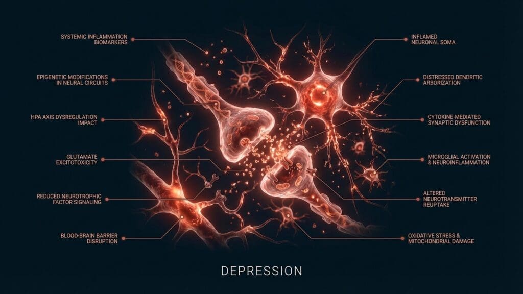 Visualization of neurotransmitter imbalances and reduced neuroplasticity in the depressive brain.
