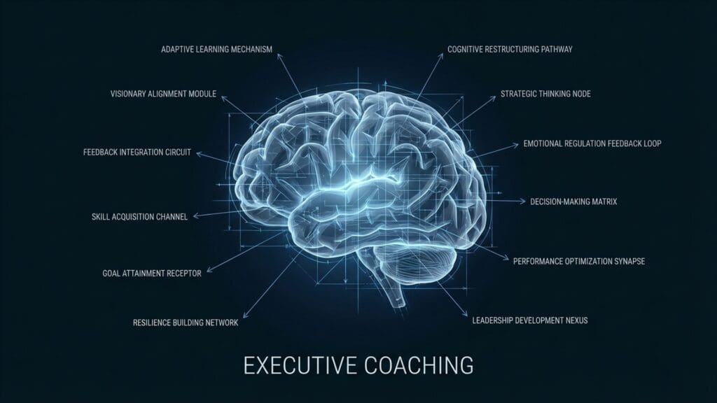 Diagram of Executive Coaching visualizing neural pathways and biological function for leadership and decision making.